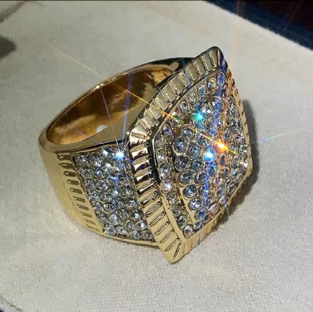 Yellow Gold Simulated Diamonds Ring for Men - Picture 3 of 6
